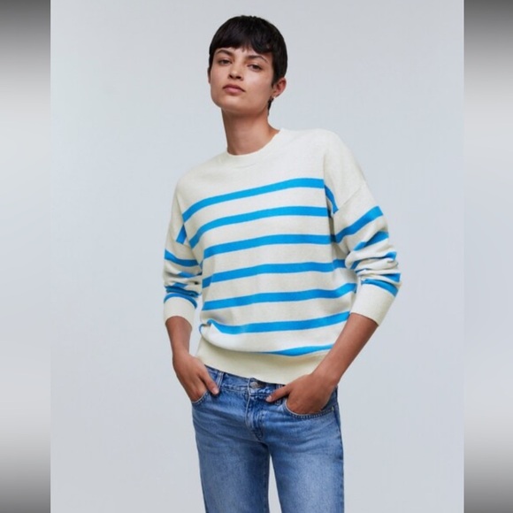 Madewell (Re)sponsible Cashmere Oversized Sweater Hthr blue sky Stripe NEW Small - Picture 1 of 11